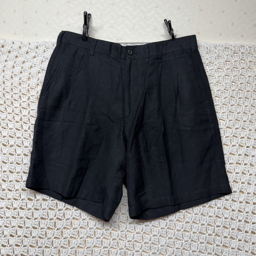 Perry Ellis Shorts Mens Sz 34 Black Linen Rayon Blend Pleated Chino
